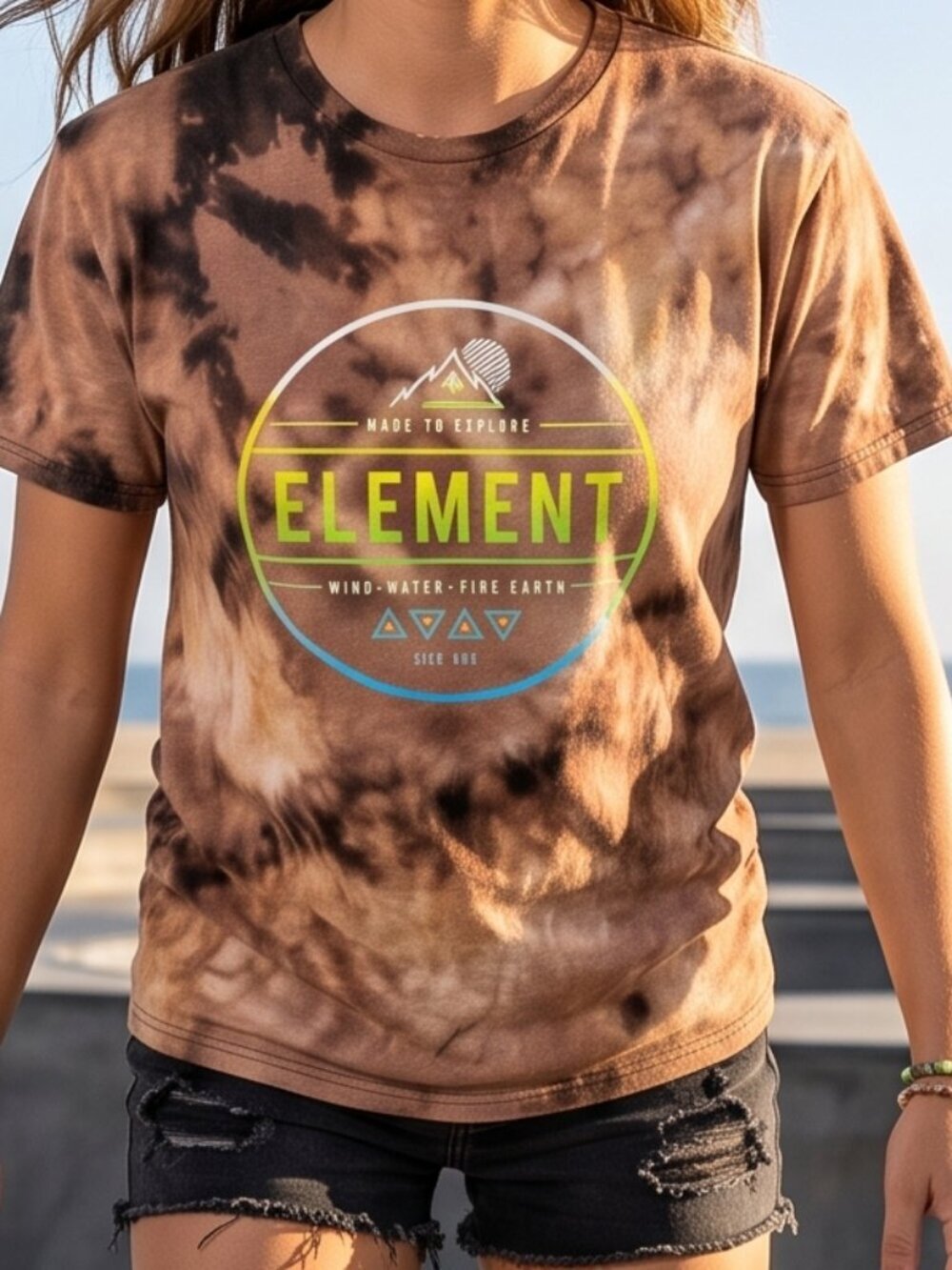 Element Cotton Tee Shirt Size Medium Brown Black Tie Dyed Bleached Grunge Skate